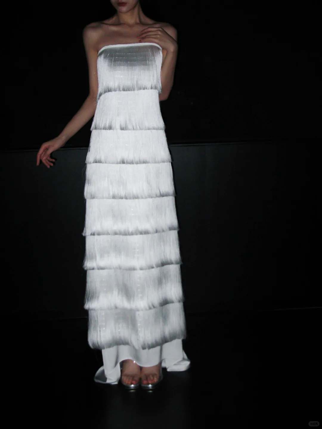 Flowy A Line Strapless Layered Tassel White Satin Long Wedding Dress SH5965