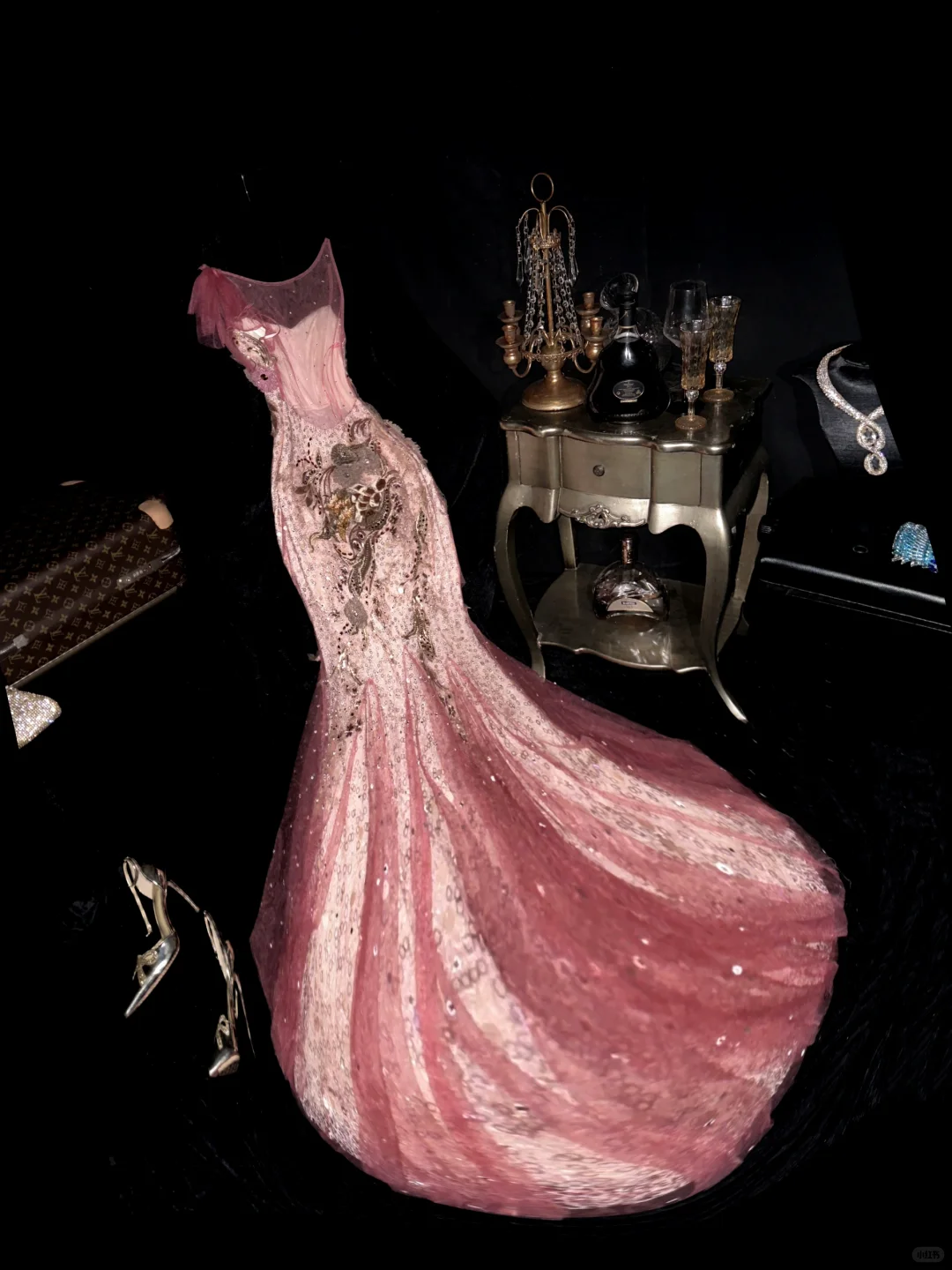 Vintage Pink Mermaid Beaded Sequin Pearl Tulle Prom Dress Party Evening Dress SH5999