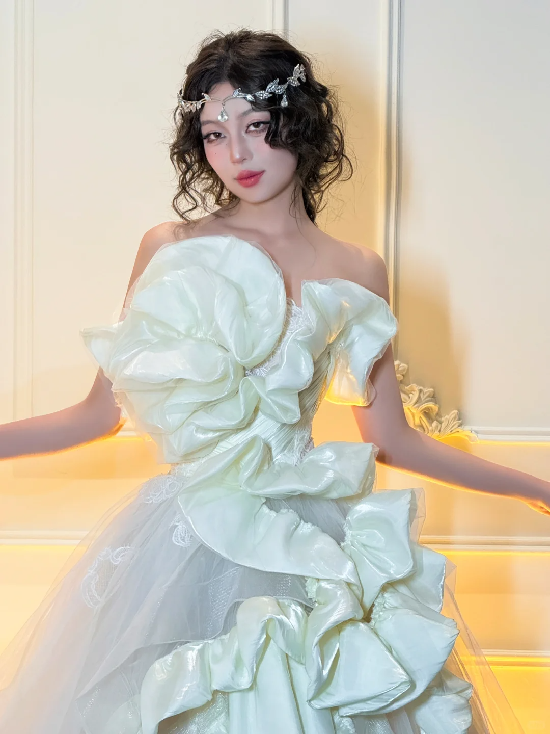 Stunning Ball Strapless White Ruffle Satin Tulle Long Prom Dress Party Dress SH4690