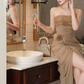 Brown Sheath Strapless Pleated Tulle Long Prom Dress Party Dress SH4666