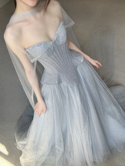Pretty Grey A Line Sweetheart Neck Beaded Tulle Prom Dress Party Dress SH4739