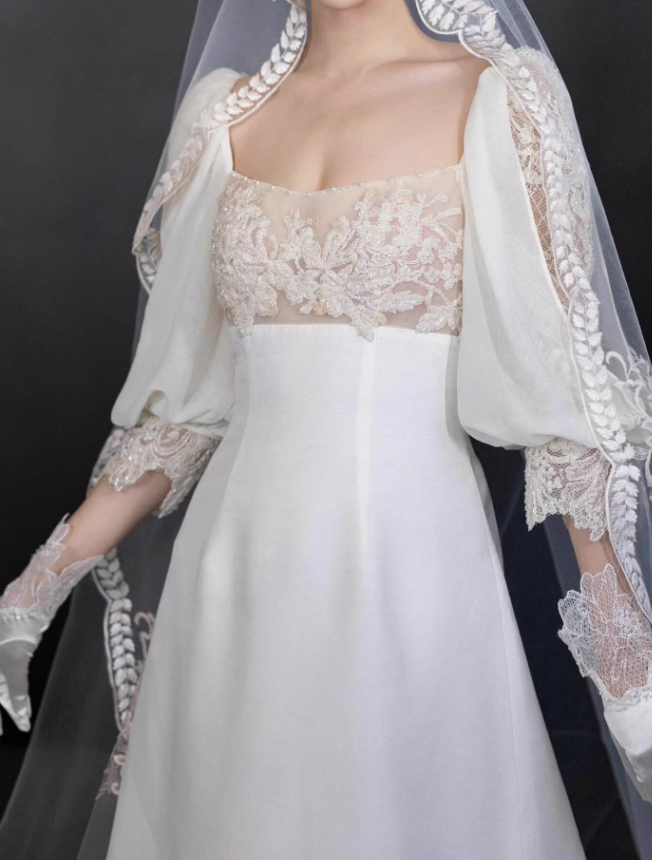 Vintage A Line Long Sleeve White Beaded Satin Long Wedding Dress SH5038