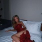 Vintage Burgundy A Line Strapless Beaded Ruffle Satin Prom Dress Wedding Guest Dress SH4480