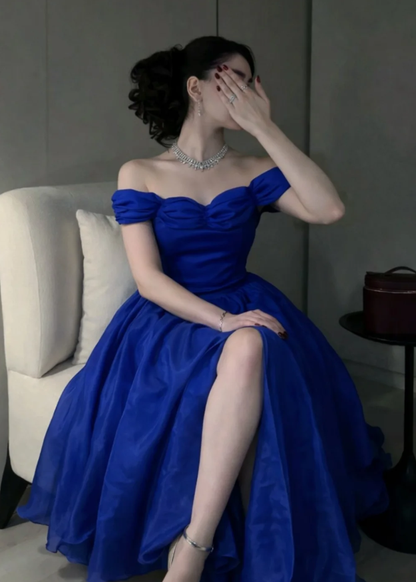 Charming Blue Ball Gown Off the Shoulder Organza Long Prom Dress Wedding Guest Dress SH5411