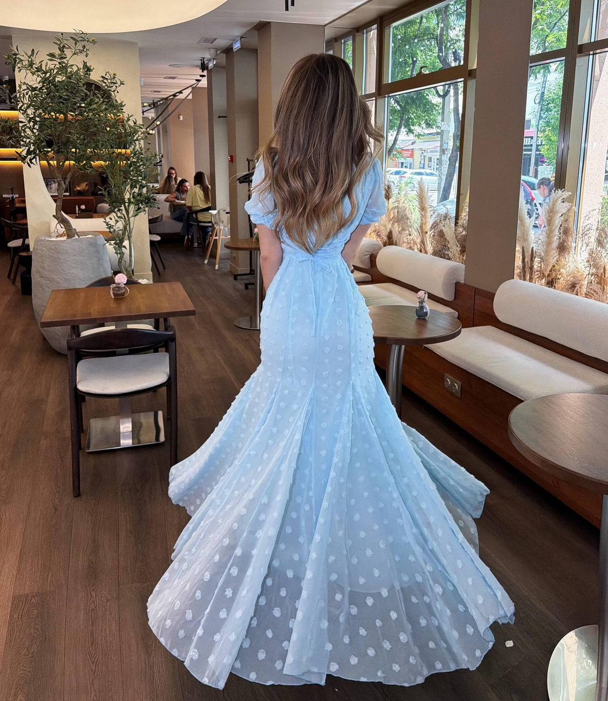 Pretty Mermaid Puff Sleeve Light Blue Chiffon Prom Dress Evening Dress SH8561
