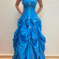 Princess A Line Sweetheart Neck Beaded Rhinestone Blue Satin Long Prom Dress Evening Dress SH2099