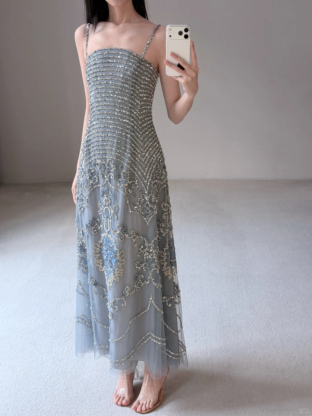 Shiny A Line Spaghetti Strap Exquisite Beaded Blue Tulle Prom Dress Evening Dress SH7716