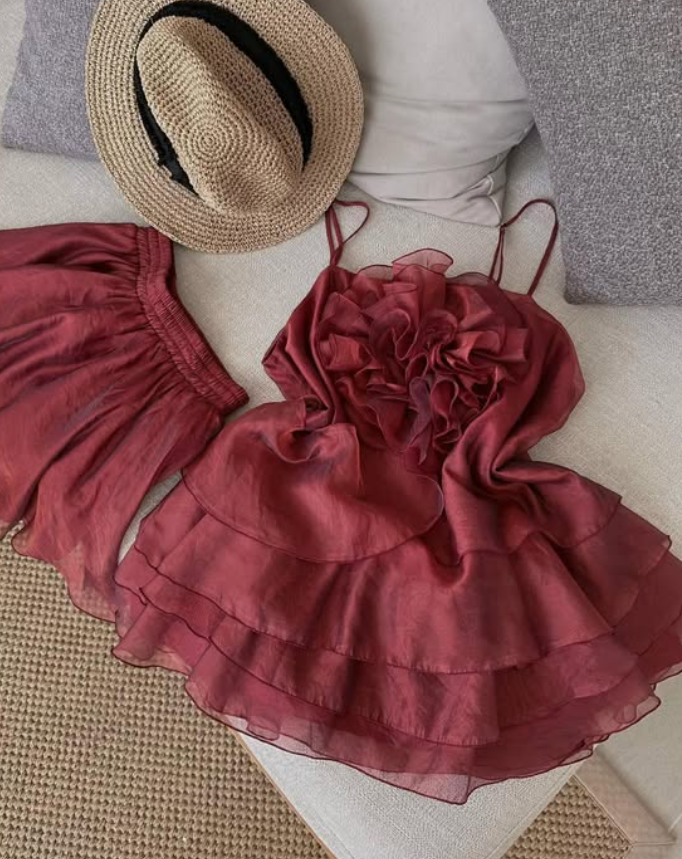 Burgundy A Line Spaghetti Strap Layered Chiffon Short Homecoming Dress Outfits SH4680