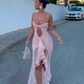 Sexy Light Pink Mermaid Spaghetti Strap Ruffle Tulle Prom Dress Evening Dress SH1741