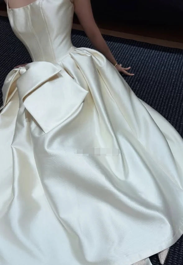 Elegant A Line Strap Exquisite Bow Knot White Satin Prom Dress Evening Dress SH8774