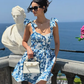 Blue Print Flower A Line Straps Satin Cocktail Dress Homecoming Dress SH6153