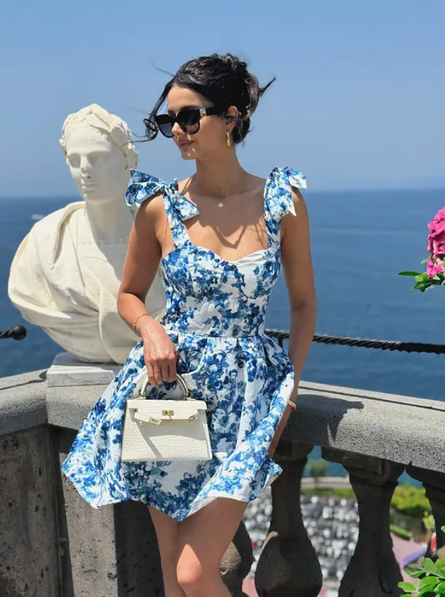 Blue Print Flower A Line Straps Satin Cocktail Dress Homecoming Dress SH6153