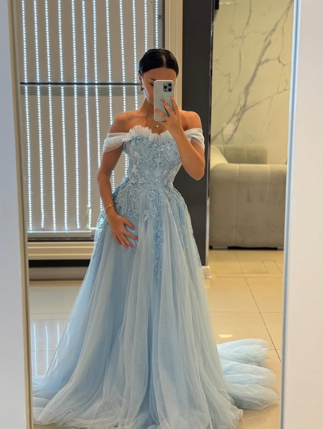 Princess Blue A Line Off the Shoulder Appliques Tulle Prom Dress Evening Dress SH6436