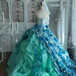 Vintage Dreamy Blue Strapless Print Floral Organza Prom Dress Sweet 16 Dress SH5782