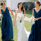 Classic Navy Blue A Line V Neck Satin Long Bridesmaid Dress SH6318