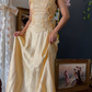 Gold Yellow Vintage Exquisite Beaded Satin Long Prom Dress Wedding Guest Dress SH5385