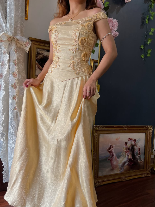 Gold Yellow Vintage Exquisite Beaded Satin Long Prom Dress Wedding Guest Dress SH5385