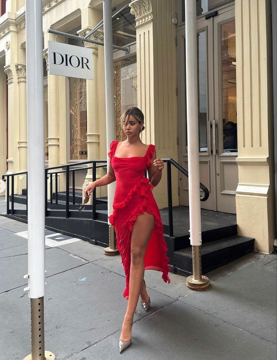Pretty Red Sleeveless Chiffon Ruffle Slit Long Party Dress Formal Birthday Prom Gown SP600