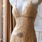 Shiny Vintage A Line V Neck Beaded Apricot Lace Chiffon Short Homecoming Dress SH5333