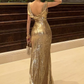 Shiny Mermaid Gold Sequin Long Prom Dress Cocktail Dress with Slit SH3212