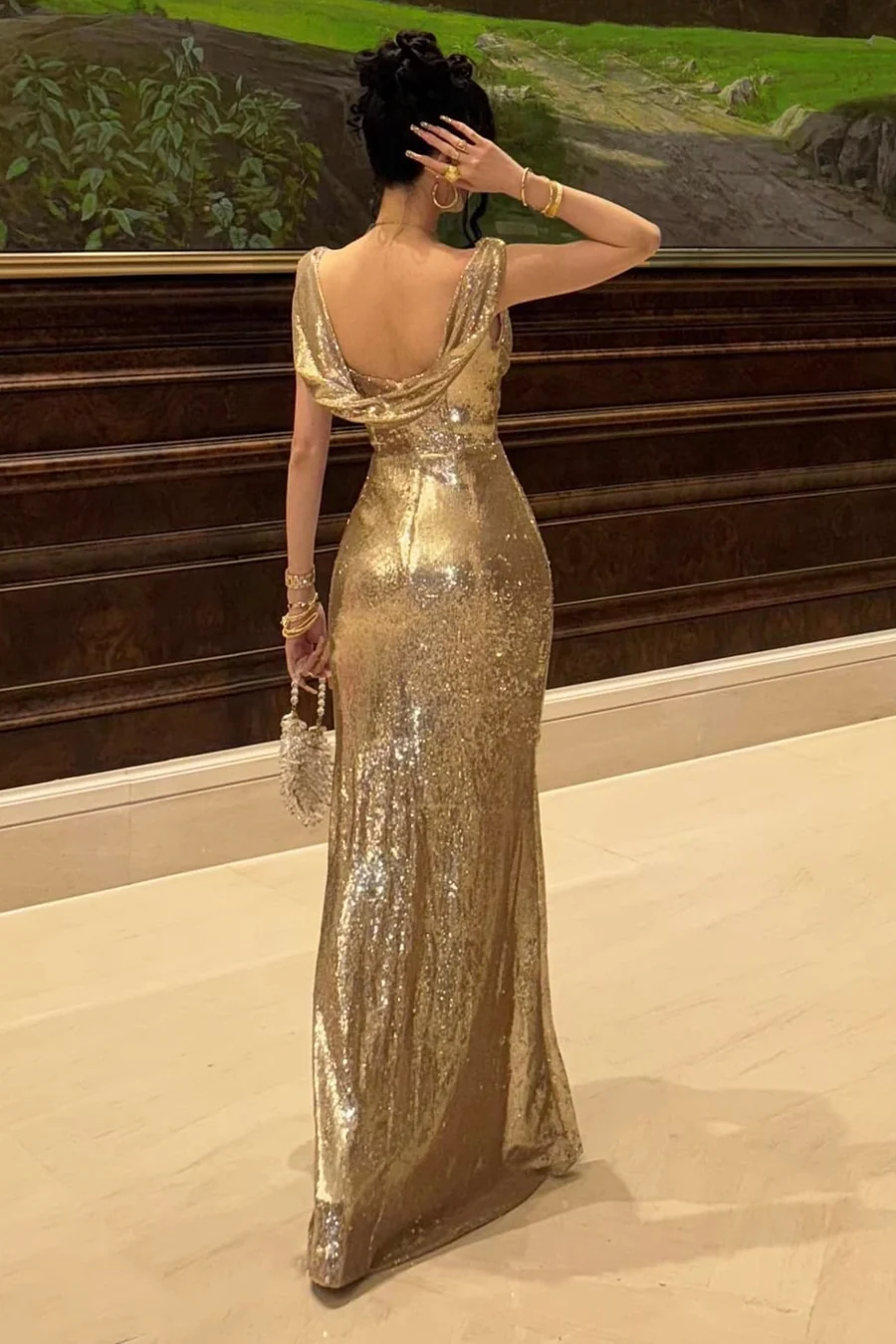Shiny Mermaid Gold Sequin Long Prom Dress Cocktail Dress with Slit SH3212