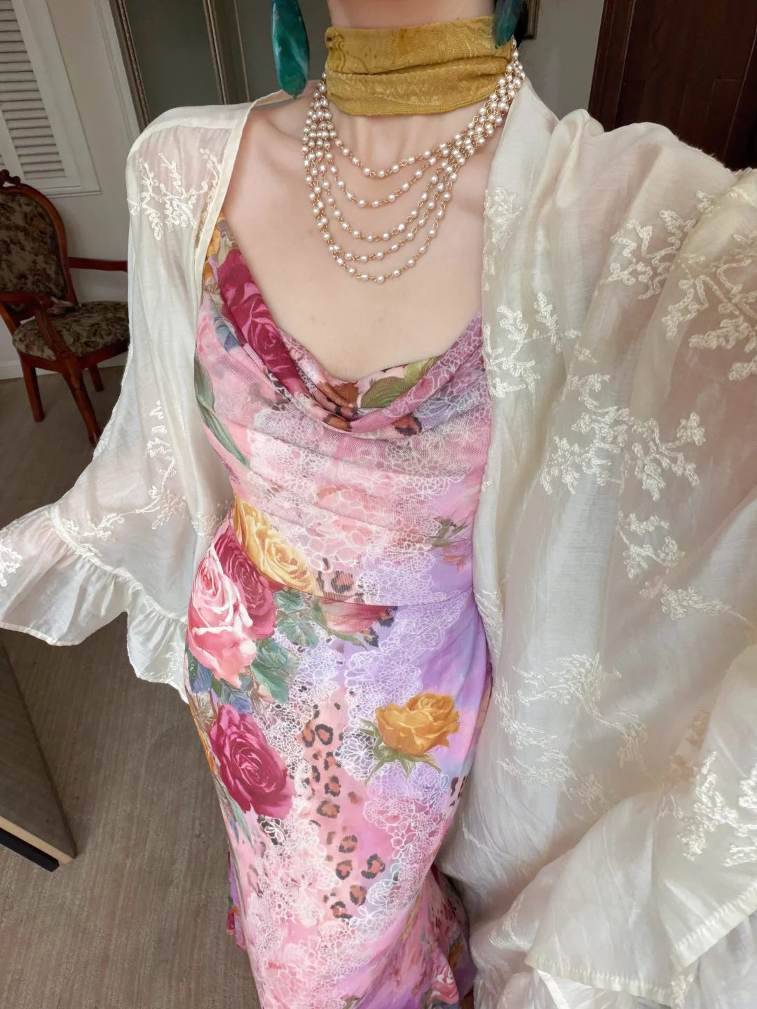 Beautiful Sheath Spaghetti Straps Pink Printed Floral Chiffon Long Prom Dress Evening Dress SH6052