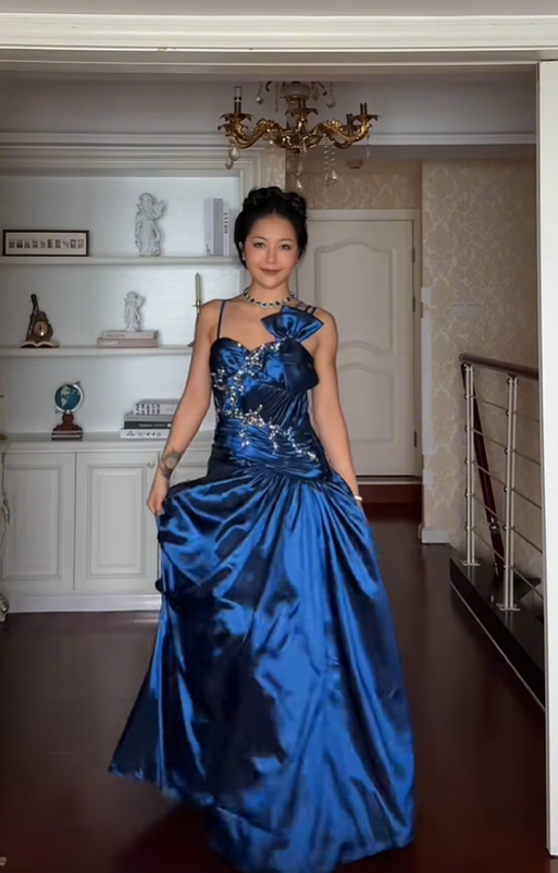 Vintage Royal Blue A Line Spaghetti Straps Bow Beaded Satin Prom Dress Graduation Prom Dress SH5189