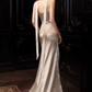 Champagne A Line Spaghetti Strap Pleated Satin Prom Dress Party Dress SH4140