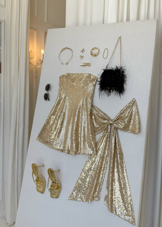 Golden A Line Strapless Sequin Mini Homecoming Dress Cocktail Dress with Bow SH4099