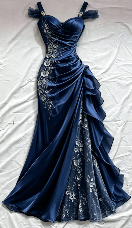Royal Blue 3D Floral Mermaid Beaded Tulle Satin Prom Dress Evening Dress SH6457