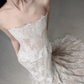 Apricot Sheath Strapless Lace Long Train Wedding Dress SH7723