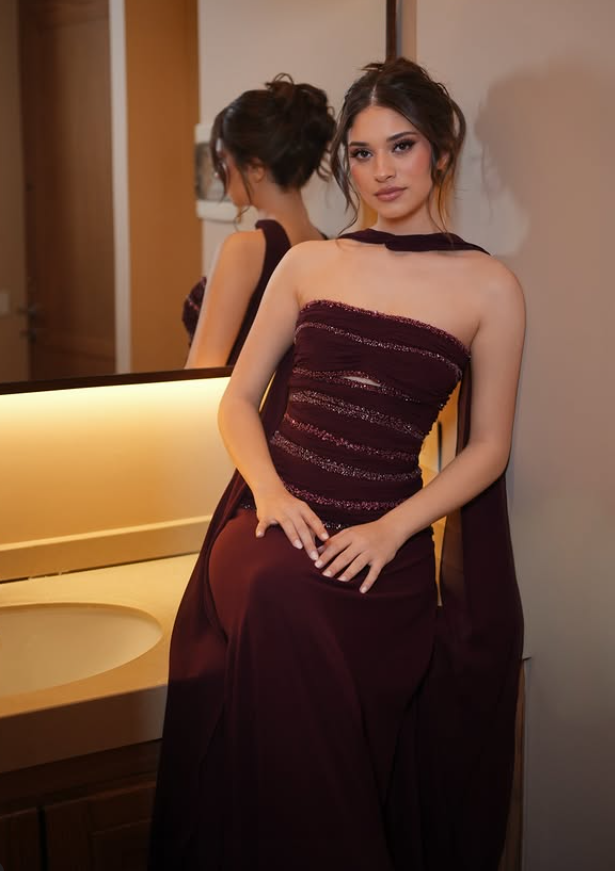 Dark Burgundy A Line Strapless Beaded Chiffon Prom Dress Evening Dress SH6525
