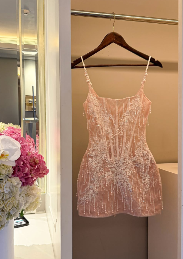 Light Pink Sheath Spaghetti Straps Corset Beading Tulle Cocktail Dress Homecoming Dress SH6169