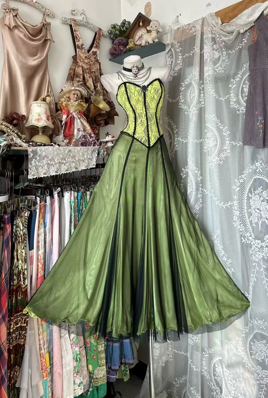 Vintage Green A Line Strapless Lace Satin Tulle Prom Dress Evening Dress SH5854