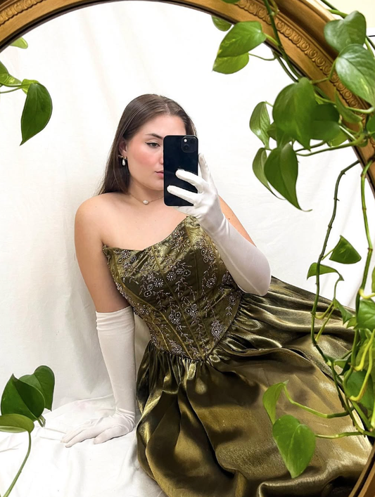 Vintage A Line Beads Olive Green Satin Long Prom Dress Evening Dress SH1855