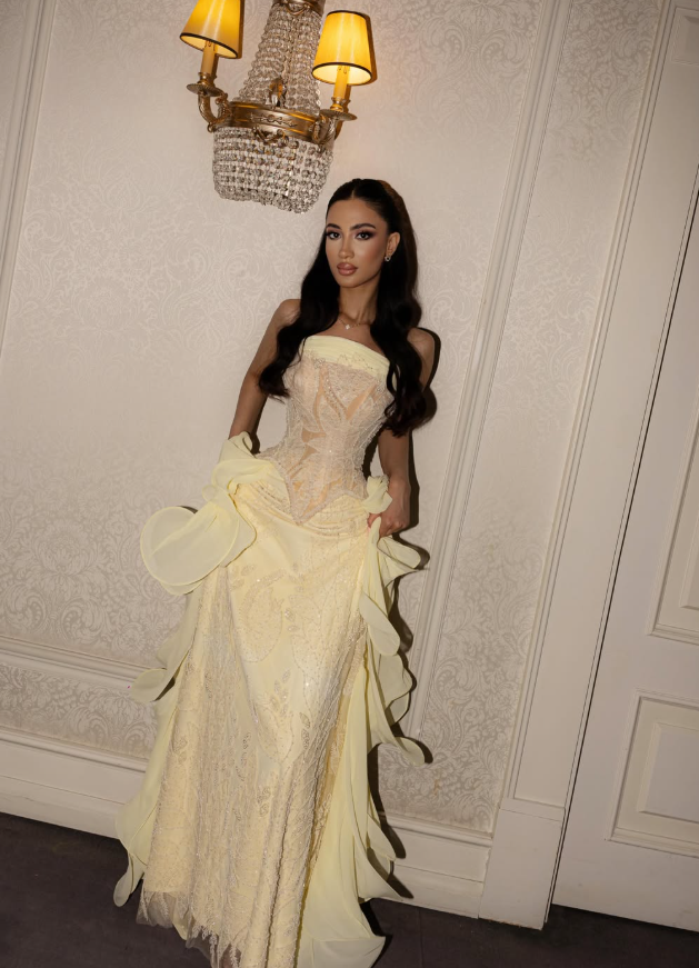 Pretty Yellow A Line Strapless Lace Chiffon Prom Dress Evening Dress SH6433