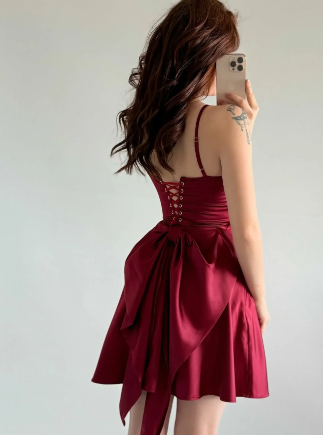 Simple Burgundy A Line Spaghetti Straps Bow Satin Short Prom Dress Homecoming Dress SH6011