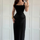 High-class Sheath Strap Black Satin Long Prom Dress Evening Dress SH7293