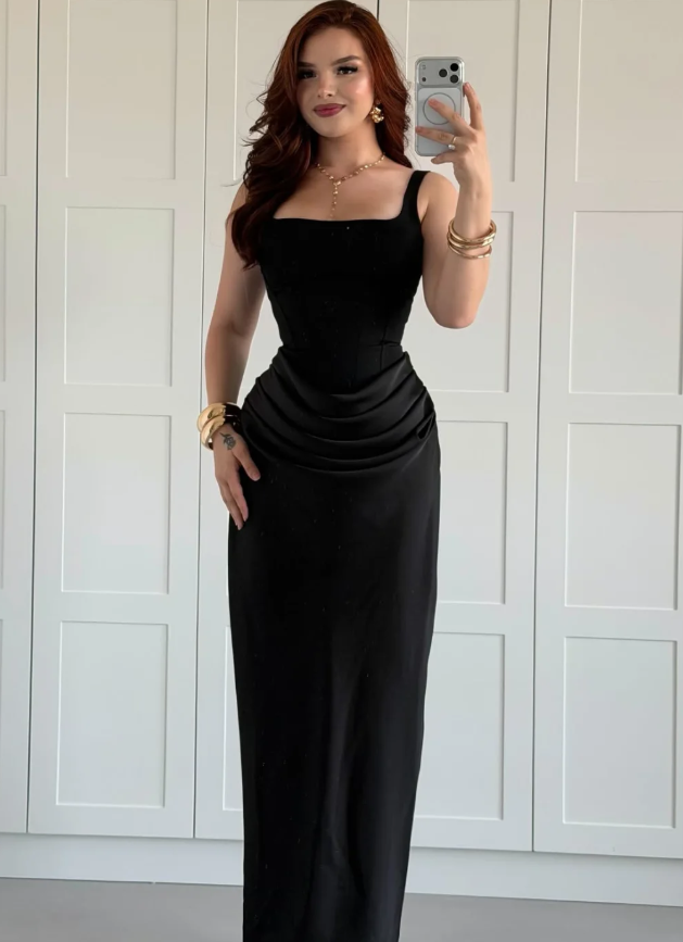 High-class Sheath Strap Black Satin Long Prom Dress Evening Dress SH7293