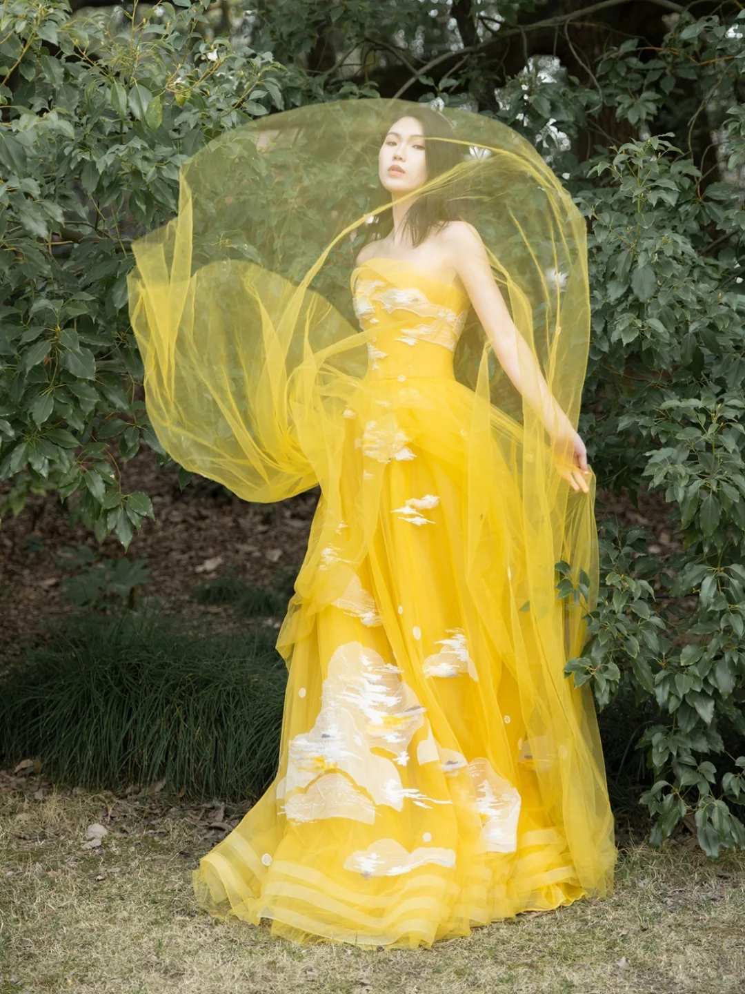 Yellow A Line Strapless White Appliques Tulle Long Prom Dress Party Dress SH4686