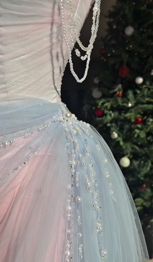 Fairy Pink-blue Ombre A Line Exquisite Beaded Tulle Long Prom Dress Evening Dress SH6748
