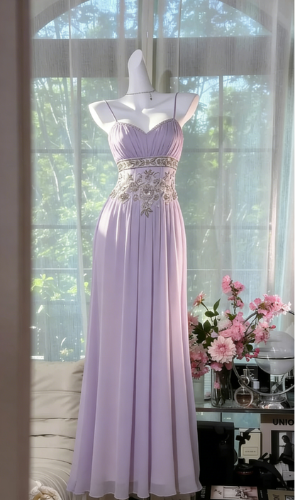 Fairy Lilac A Line Straps Exquisite Beaded Chiffon Prom Dress Wedding Guest Dress SH5399