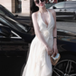Simple White A Line V Neck Chiffon Open Back Long Prom Dress Date Dress SH4677
