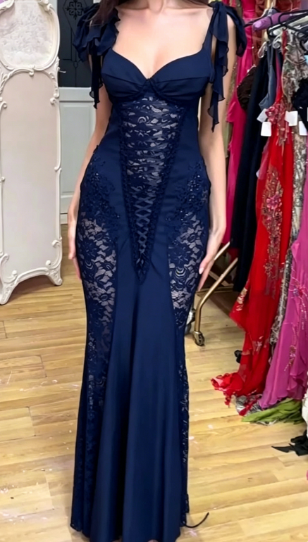 Sexy Black Mermaid Straps Lace Chiffon Long Party Dress Evening Dress Date Dress SH3464