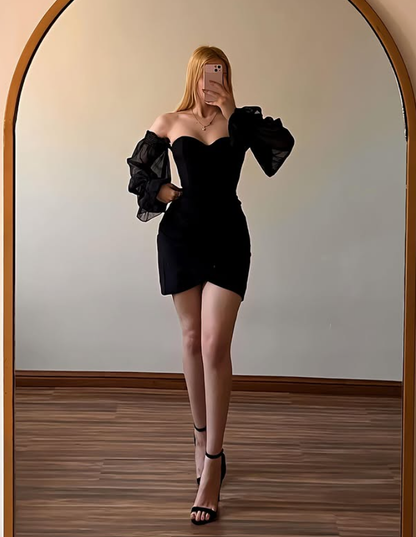Vintage High-class Sheath Long Sleeve Black Tulle Satin Short Prom Dress Homecoming Dress SH6969