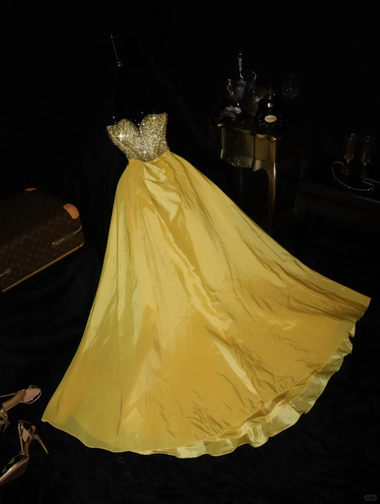 Yellow A Line Spaghetti Strap Beaded Sequin Satin Long Prom Dress Evening Dress SH3159