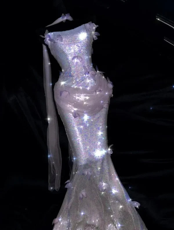 Shiny Lilac Mermaid Strapless Butterfly Sequin Prom Dress Evening Dress SH7169