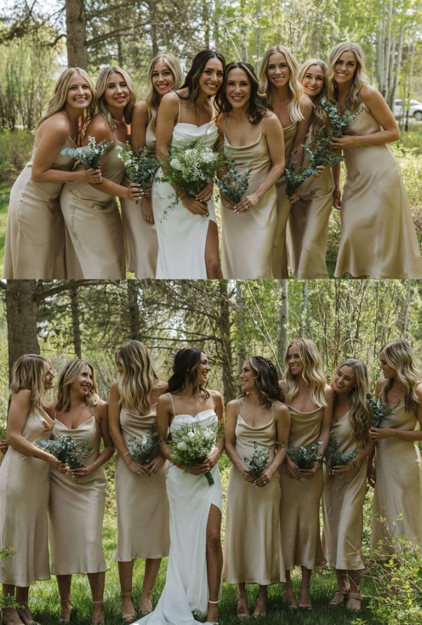 Simple Silk Satin Cowl Neck Spaghetti Strap Popular Tea Length Bridesmaid Dresses SH5587
