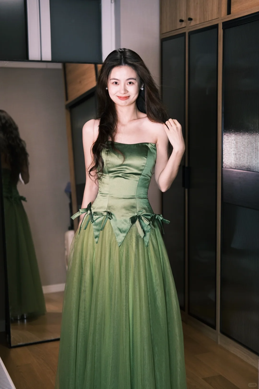 Cute A Line Sweetheart Neck Green Tulle Satin Party Dress Birthday Dress with Bow SH2912