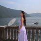 Gentle Purple A Line Halter Ruffle Chiffon Long Prom Dress Wedding Guest Dress SH5163